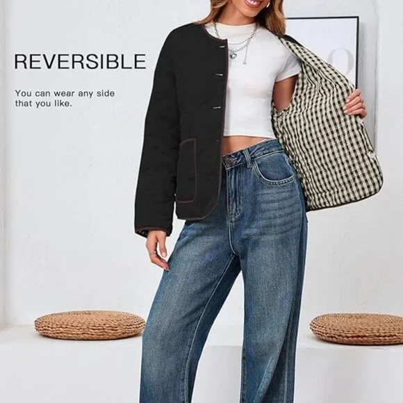 NEW! Womens Reversible Button Down Puffer Padded Coat & Plaid Quilted Jacket - Picture 6 of 6